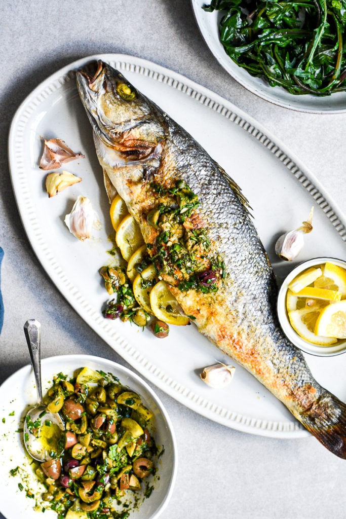 Baked Whole Fish with Olive Relish