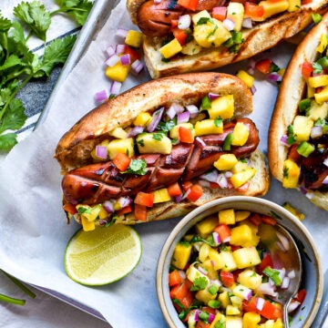 Grilled Hotdogs with Tropical Mango Pineapple Salsa