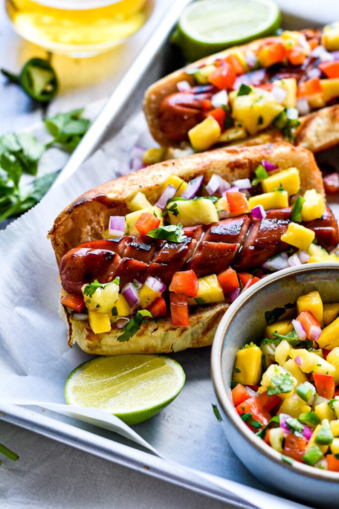 Grilled Hotdogs with Tropical Mango Pineapple Salsa