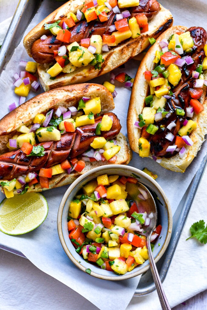 Grilled Hotdogs with Tropical Mango Pineapple Salsa