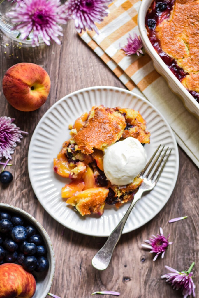 Honey Dijon Peach and Blueberry Cobbler