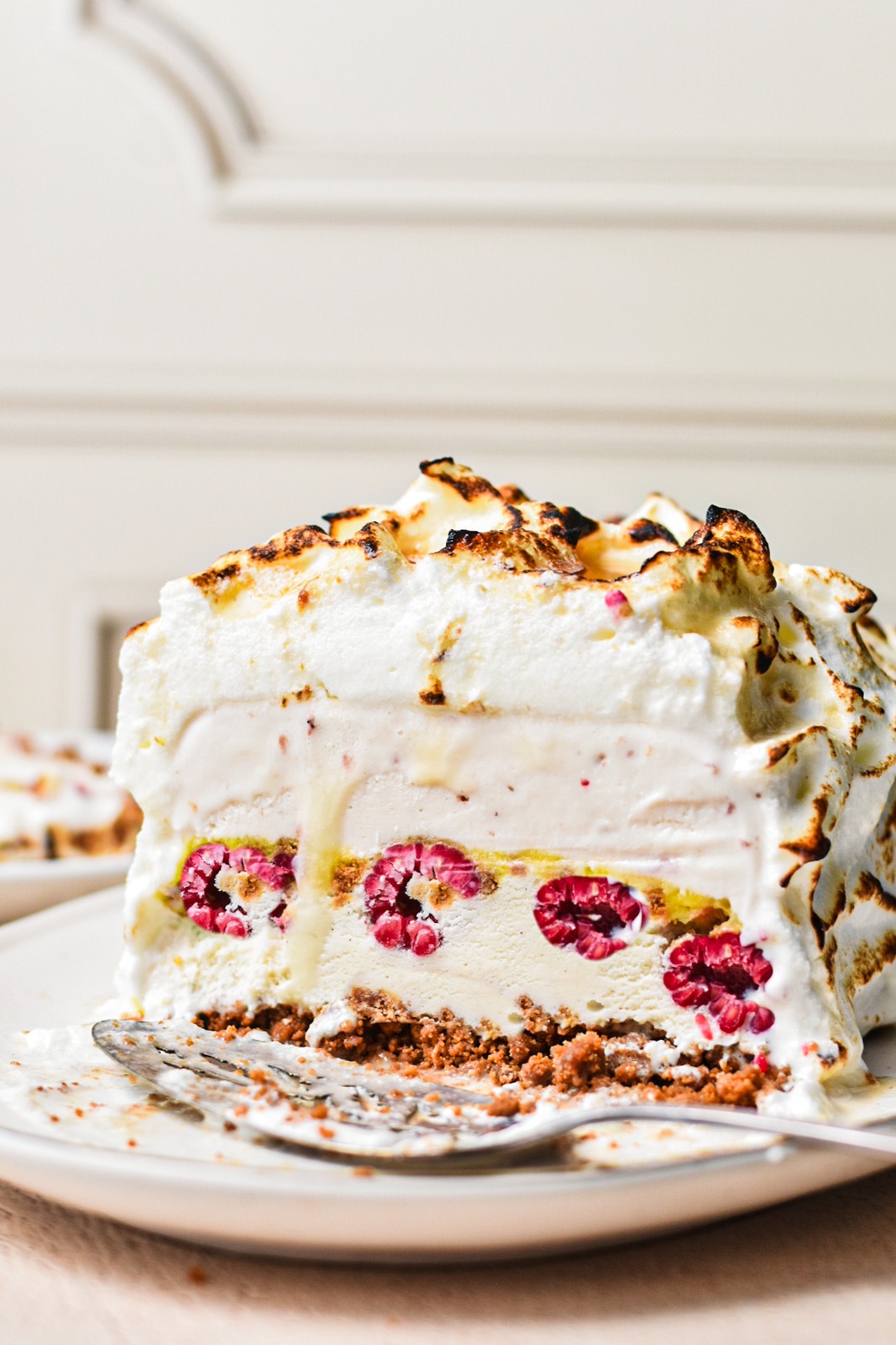 Side view of the inside of the baked Alaska cake.