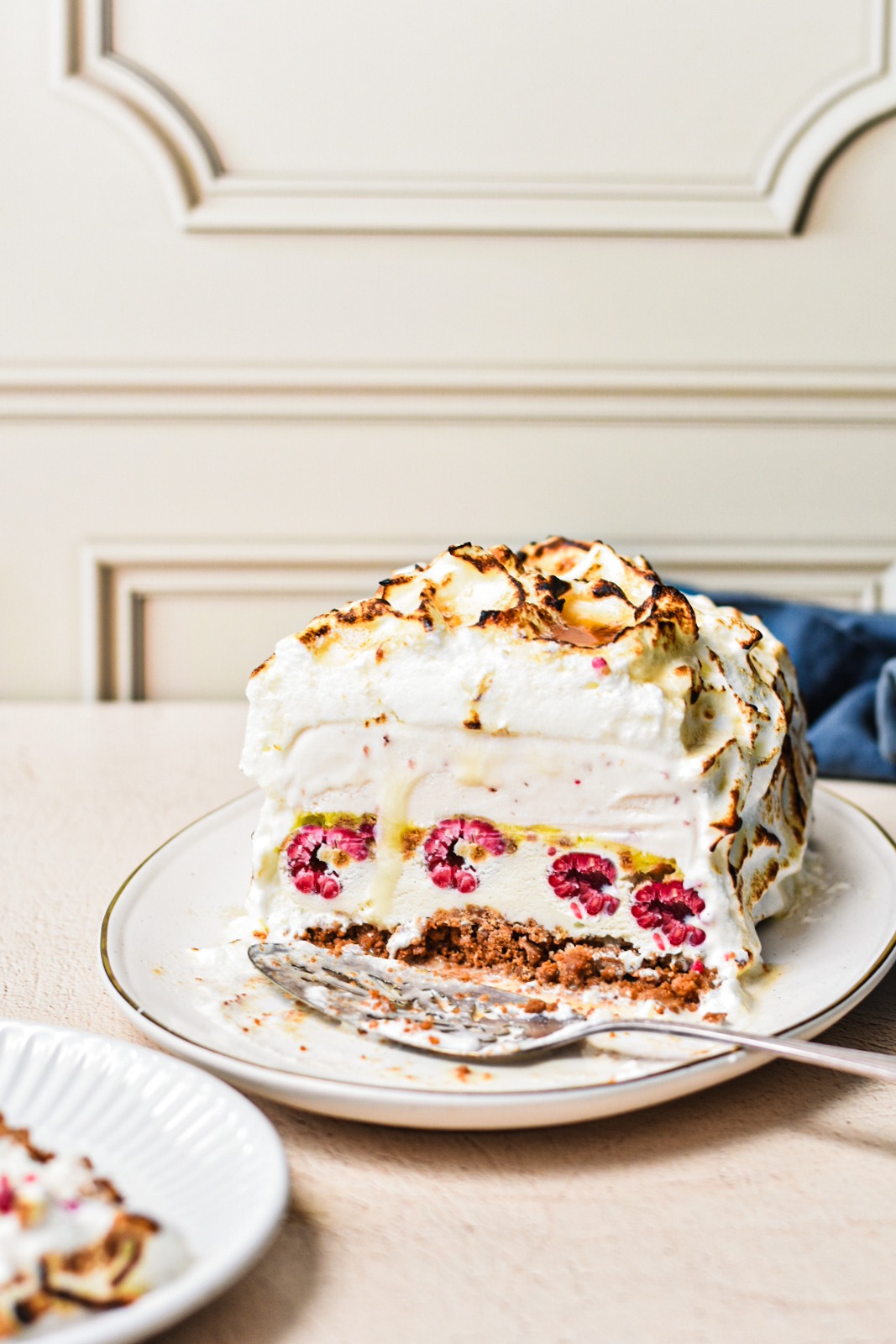 Side view of a baked Alaska cake on a serving dish with a slice off the end.