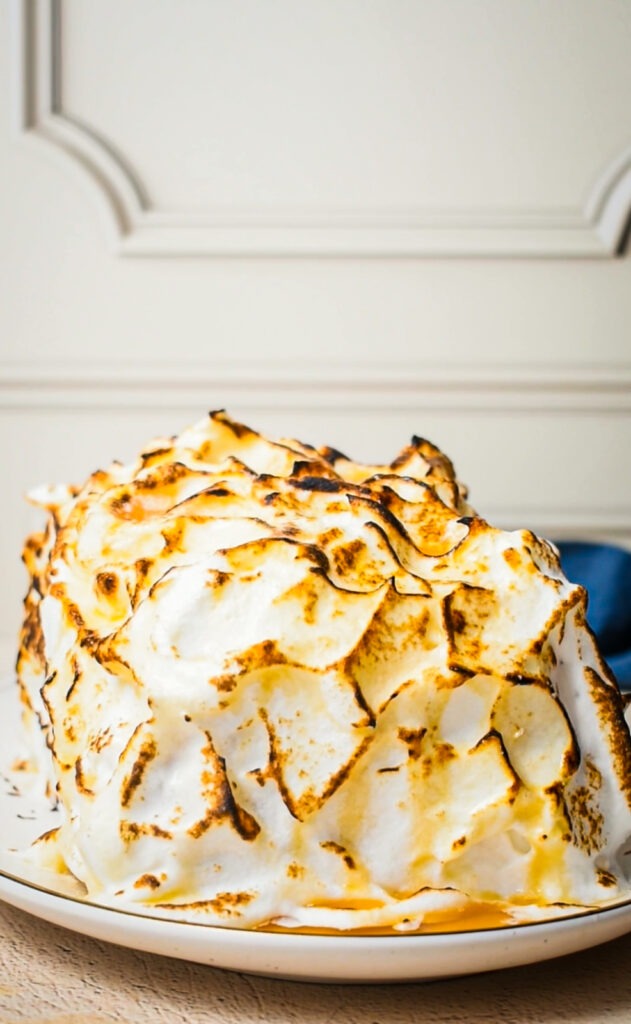 Meringue on top of the baked alaska cake that has been scorched.