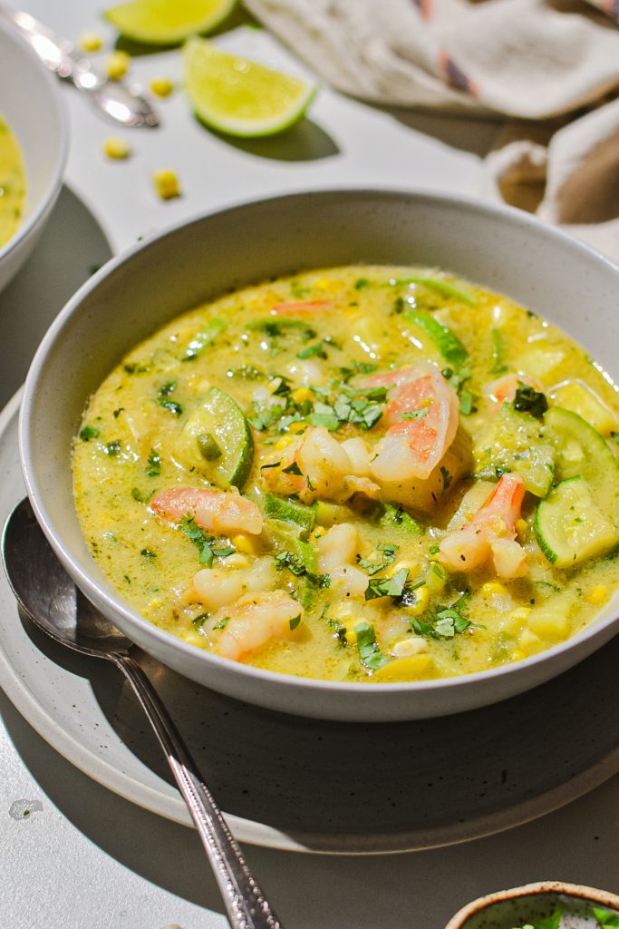 bowl of shrimp corn chowder ready to eat