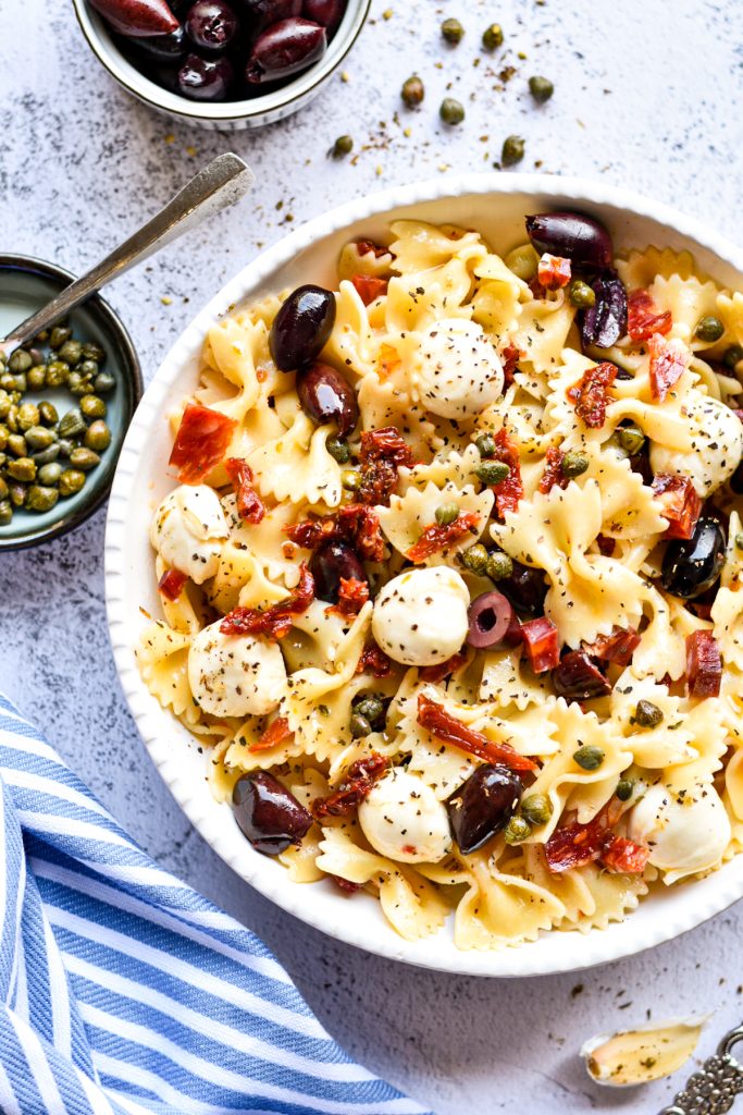 Overhead shot of farfalle pasta salad in a serving bowl.