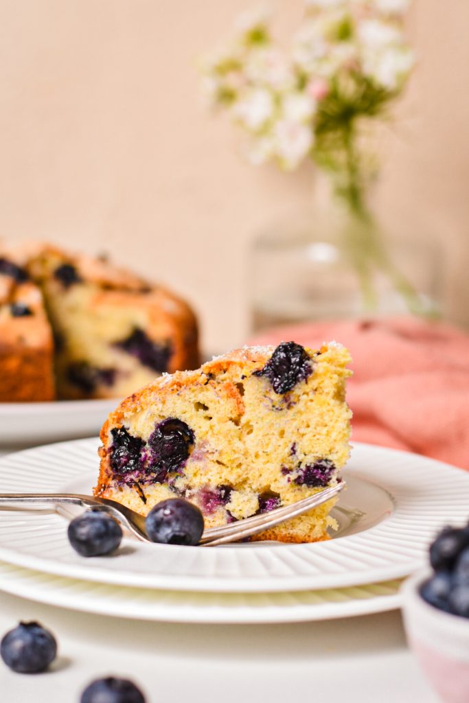 Side view of a slice of lemon blueberry cake on a plate.