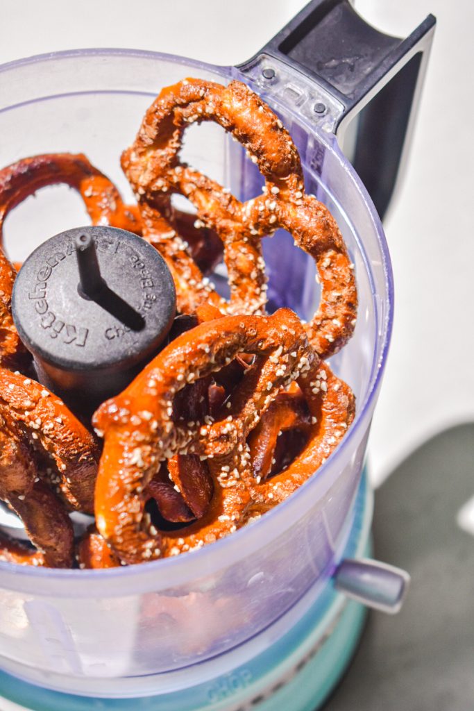 Whole pretzels in a food processor.