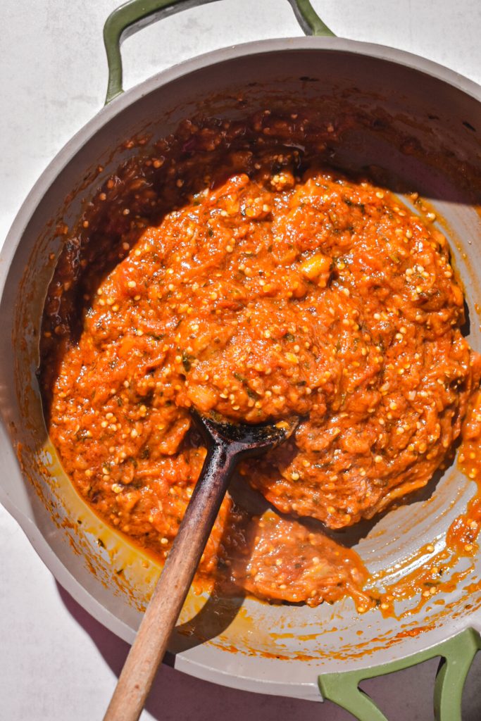 Zaalouk in a skillet after being cooked.