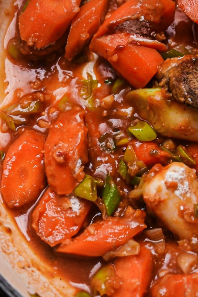 Vegetables in the pot after being simmered in the wine.