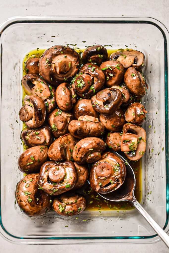 Mushrooms tossed with seasonings and olive oil and balsamic vinegar.