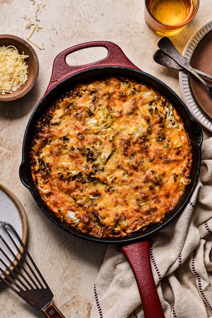 Overhead shot of beef and cabbage gratin after being baked.