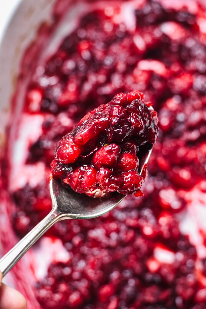 Spoon scooping up some of the ginger balsamic roasted cranberry sauce to show to the camera.