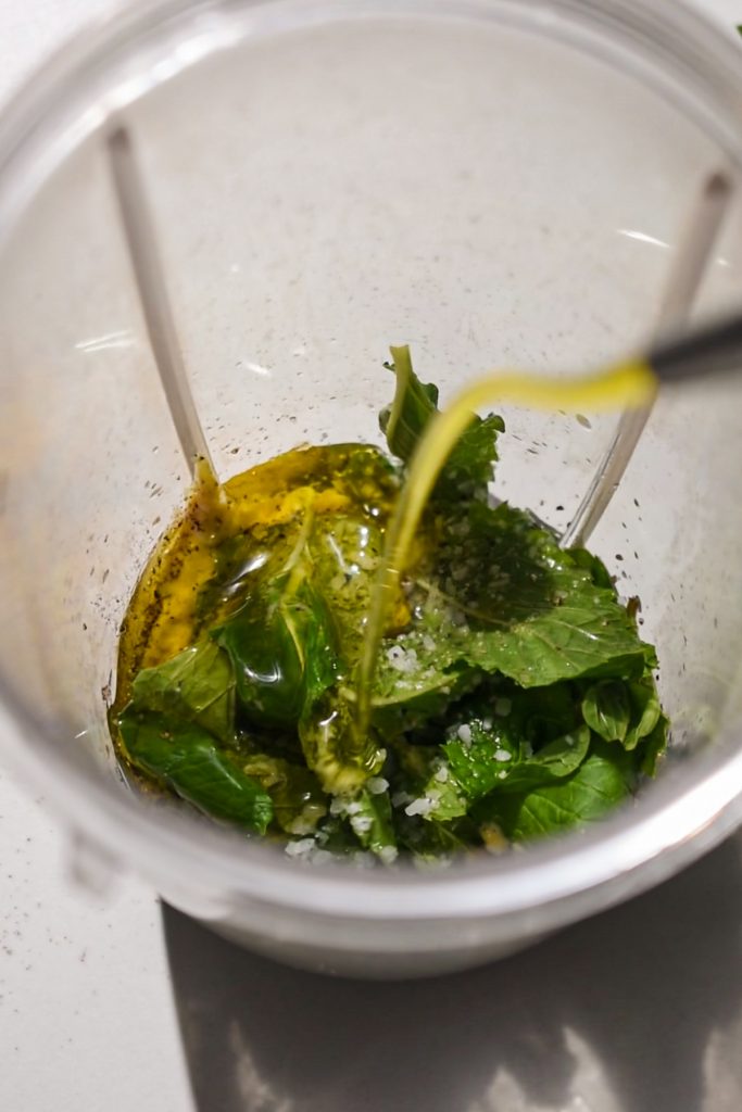 Mint dressing ingredients in a bullet blender before being blended.