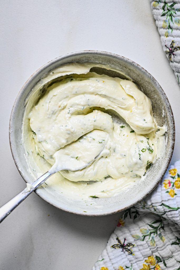 Feta galette filling in a bowl after being mixed together.