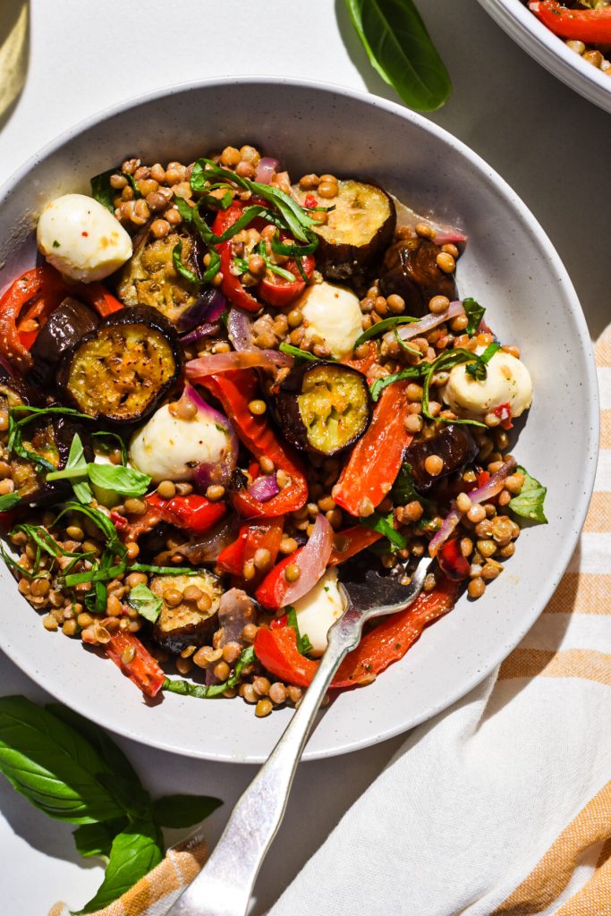 Overhead shot of lentil salad with roasted eggplants in a grey speckled bowl with a fork.