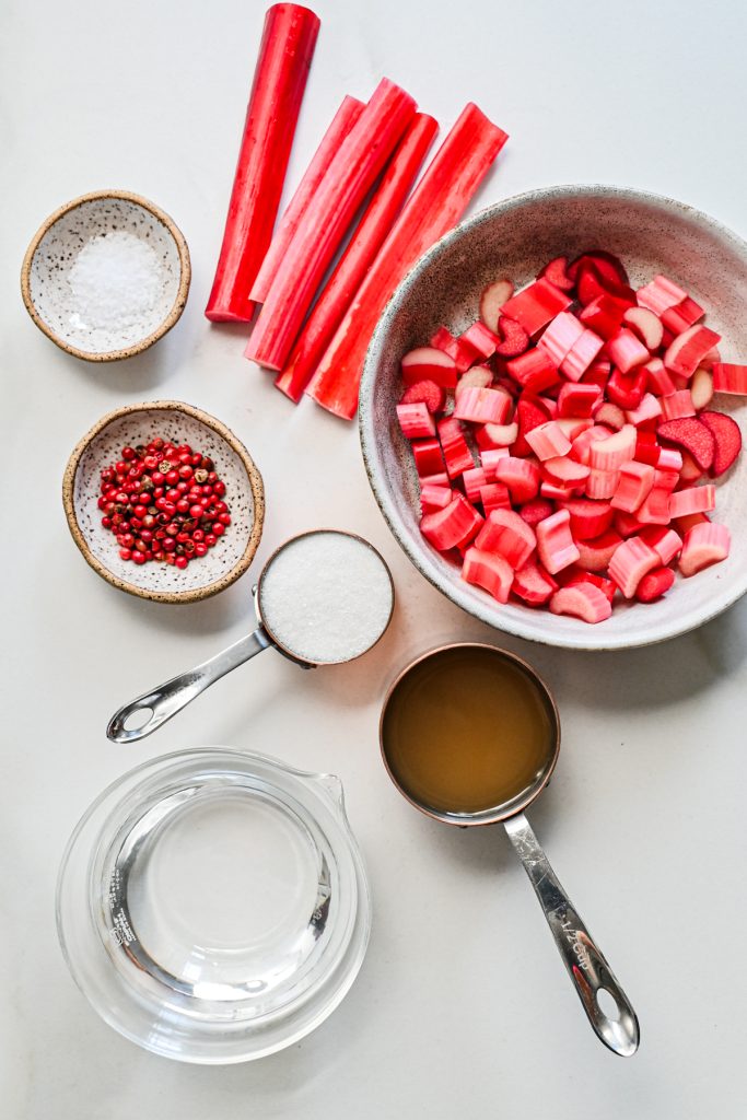 Ingredients needed to make easy pickled rhubarb.