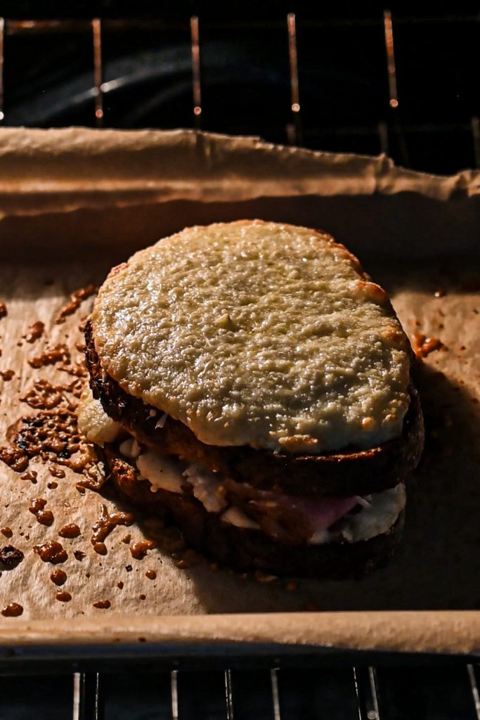 Croque monsieur in the oven to toast.