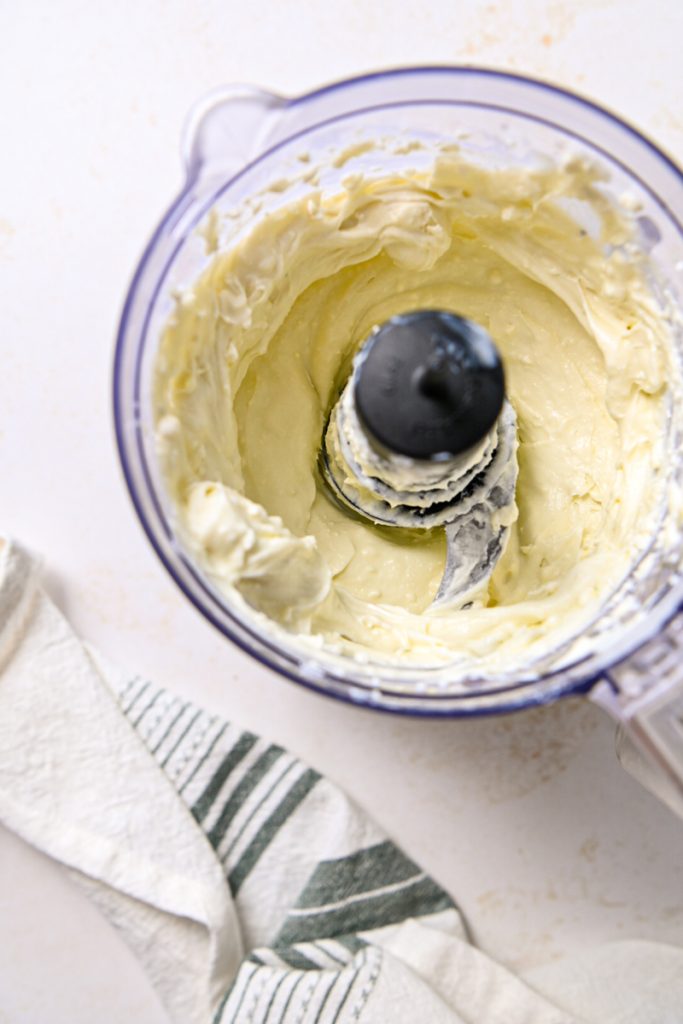 Whipped gorgonzola and cream cheese in a food processor.